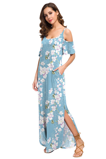 Summer Casual Loose Long Dress Strapless Strap Cold Shoulder Short Sleeve Split Maxi Dresses with Pocket Floral